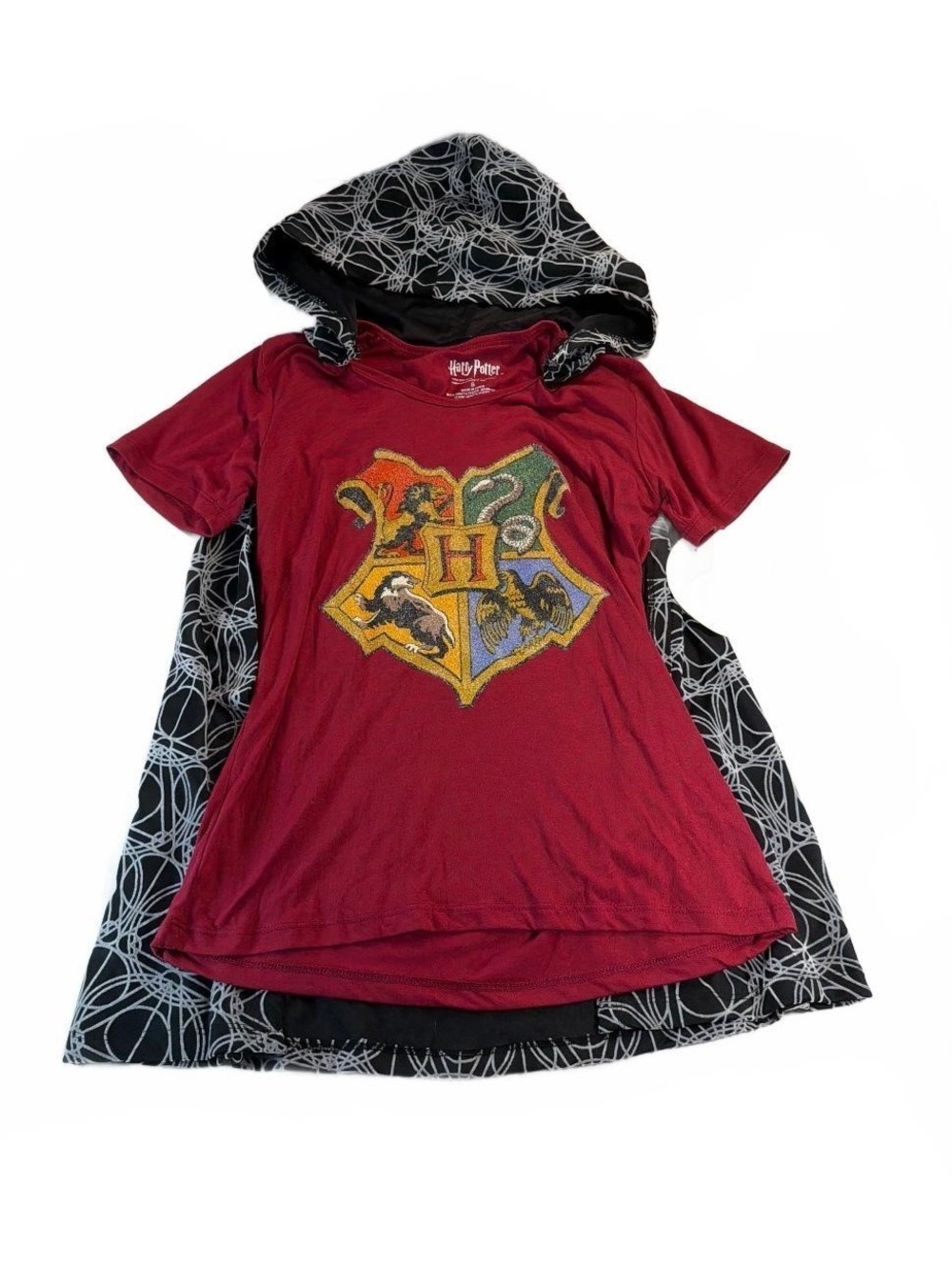 Harry Potter Hooded Cape T-Shirt Hogwarts Beaded Crest Halloween Costume NEW